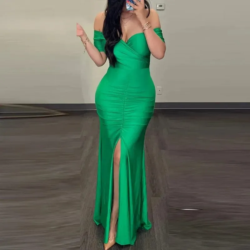 Women Summer Solid Color V-neck Waist Slit Pleated Dress
