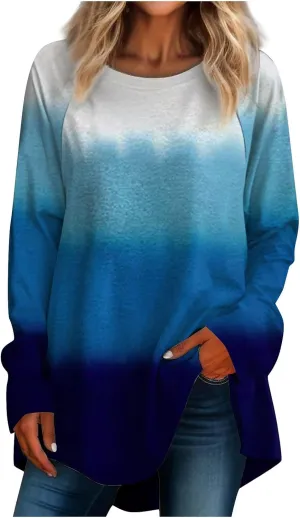 Women's Fall Long Sleeve T-Shirts Crewneck Gradient Printing Tops Oversize Outfits Blouse Sweatshirt 2024